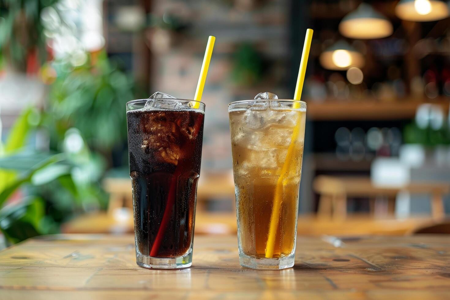 Two refreshing glasses of soda with ice on a cafe table photo