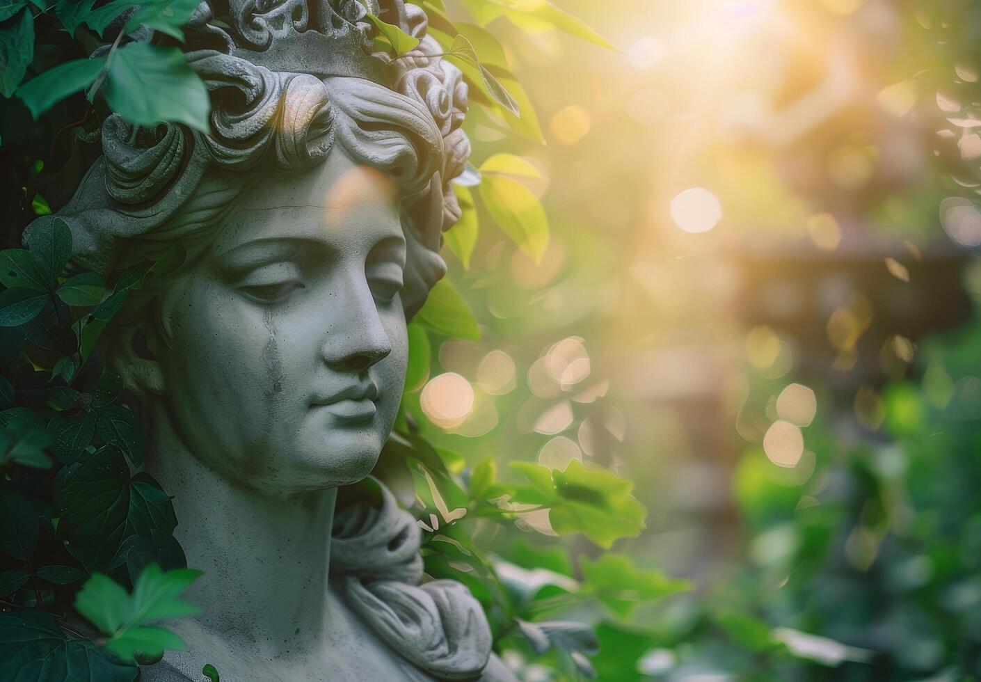 Statue of a classical figure enveloped in ivy at sunset photo
