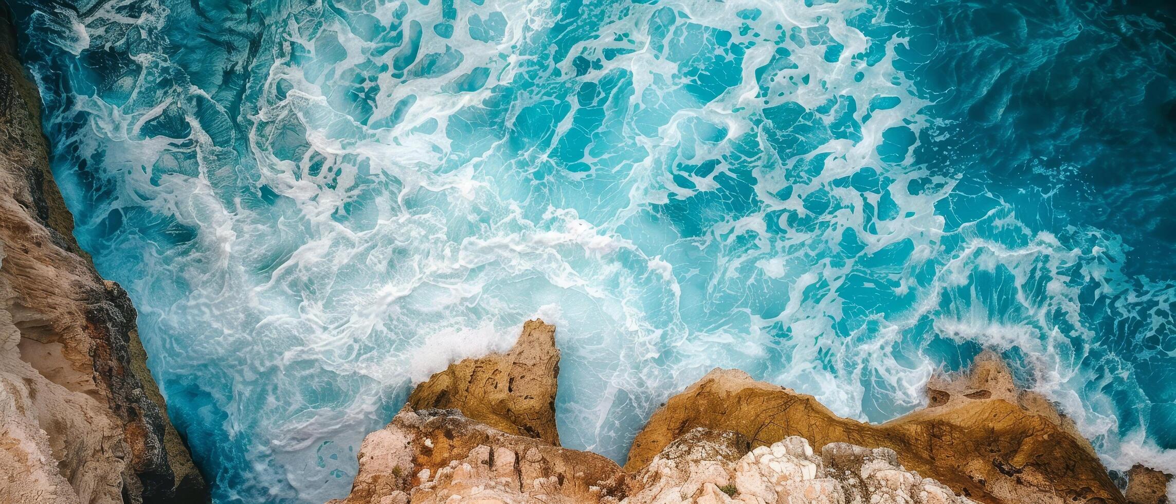 Aerial View of Turquoise Waves Crashing Against Rocky Cliffs photo
