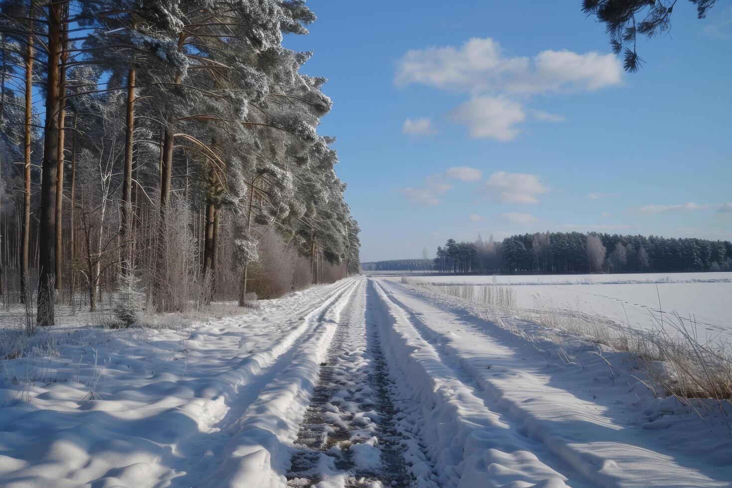 Snowy Winter Road Through a Pine Forest photo