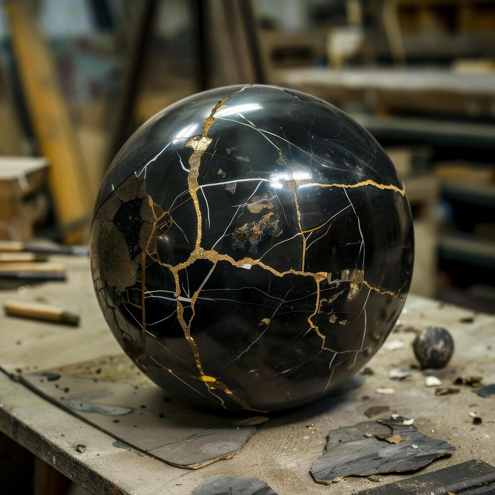 Restored black marble sphere with golden seams on a workshop table photo
