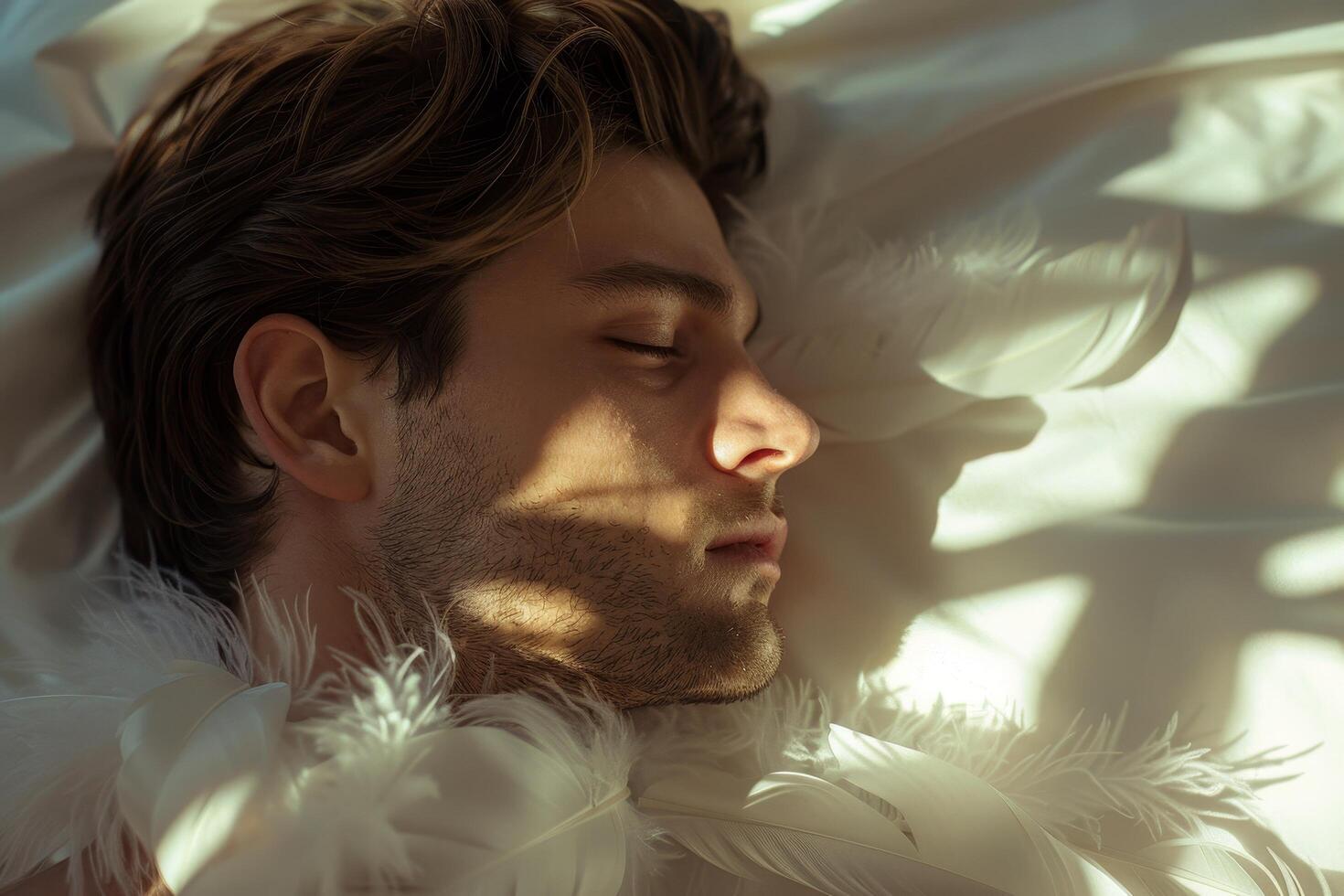 Young man peacefully sleeping with soft feather shadows on his face photo