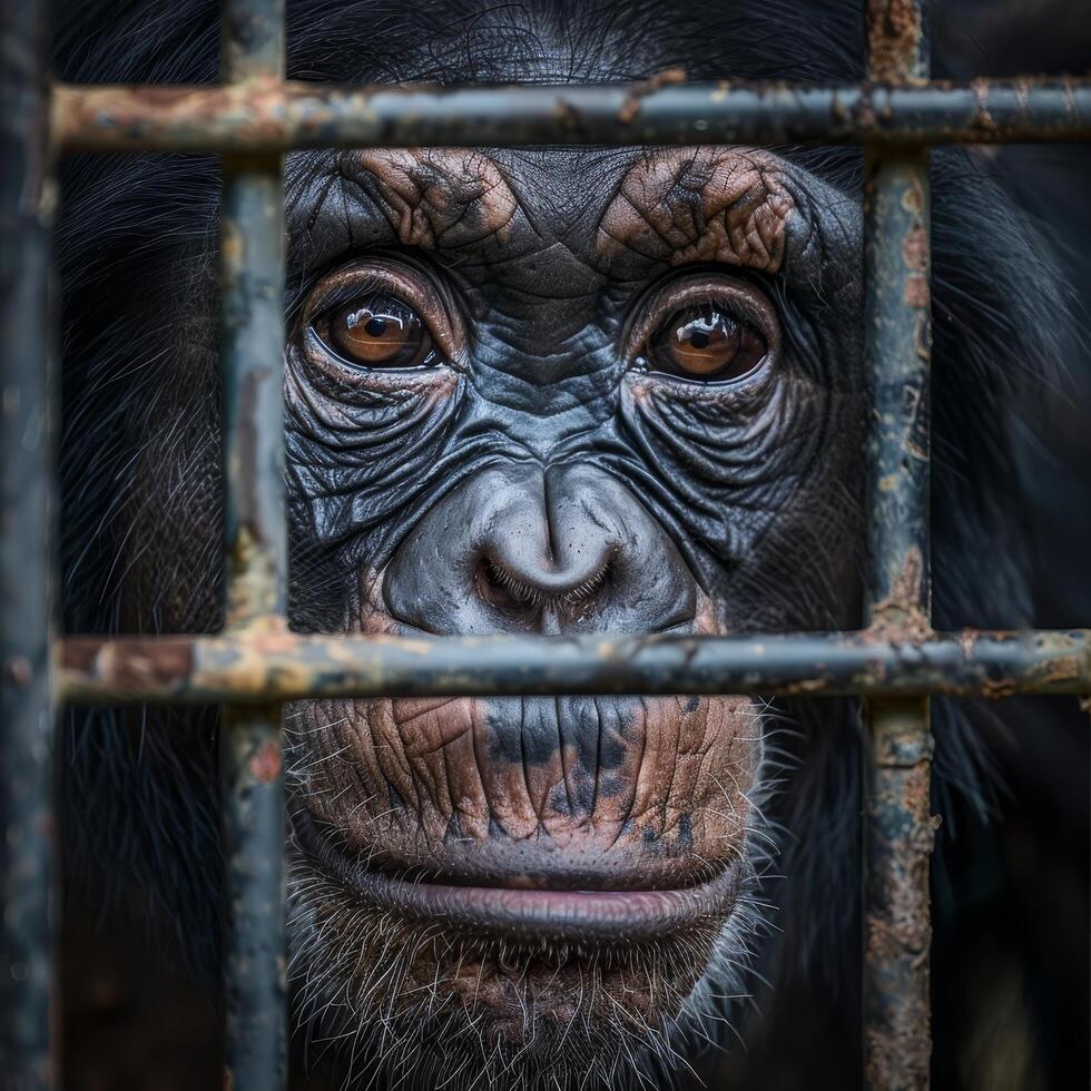 Chimpanzee behind bars with a poignant expression photo
