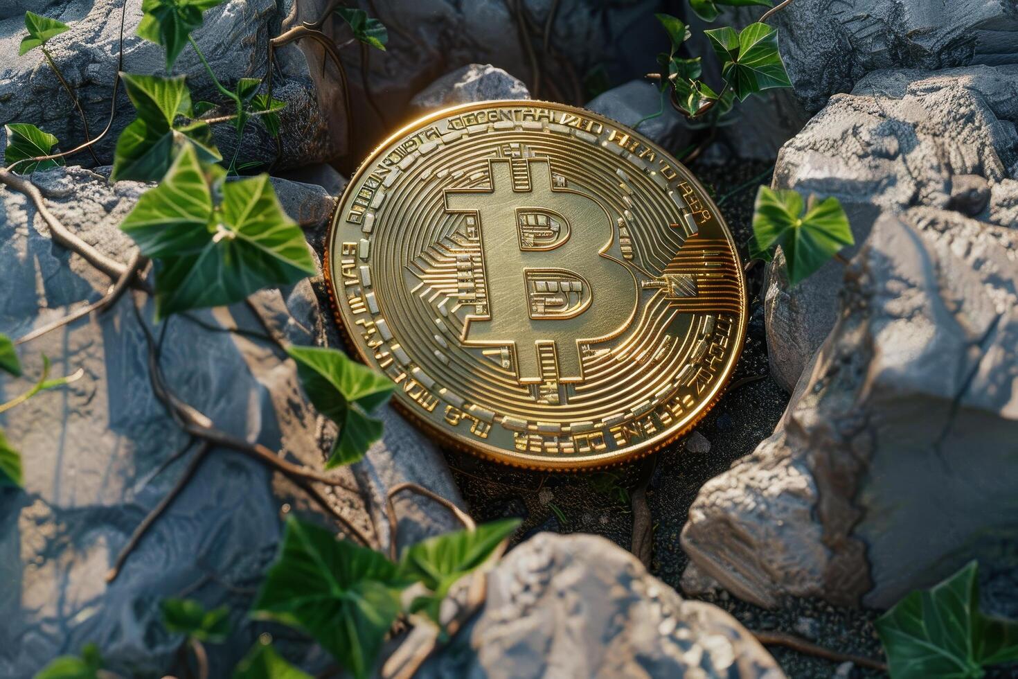 Bitcoin coin surrounded by nature, symbolizing cryptocurrency growth photo