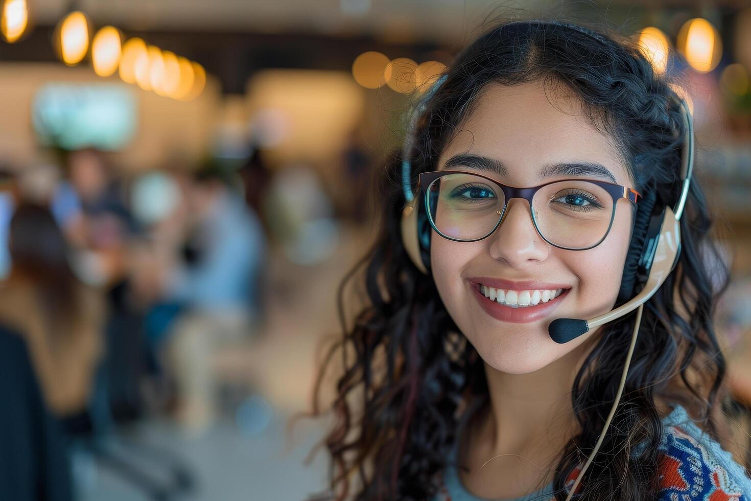 Cheerful customer service representative with headset in office photo