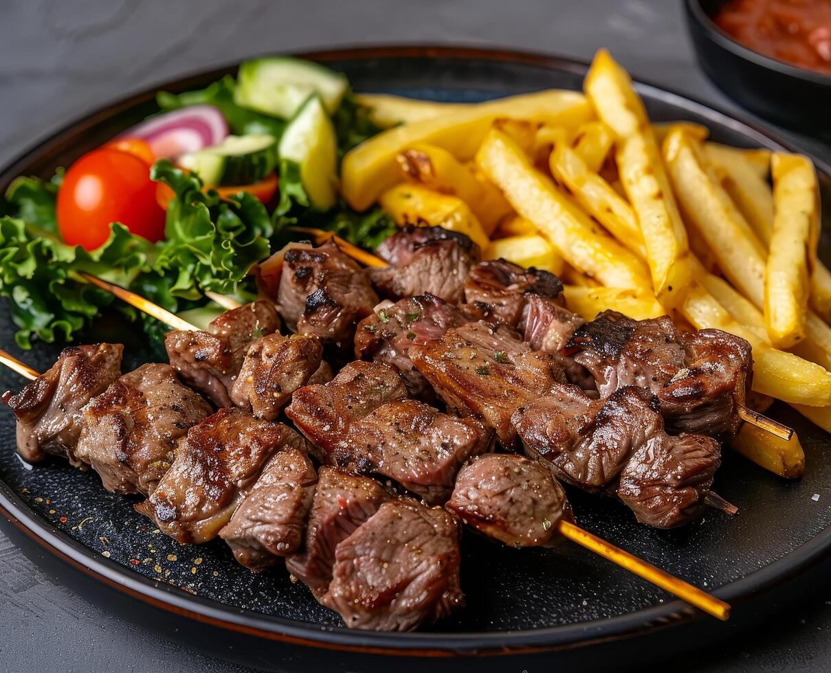 Delicious grilled skewered meat served with fresh vegetables and fries photo