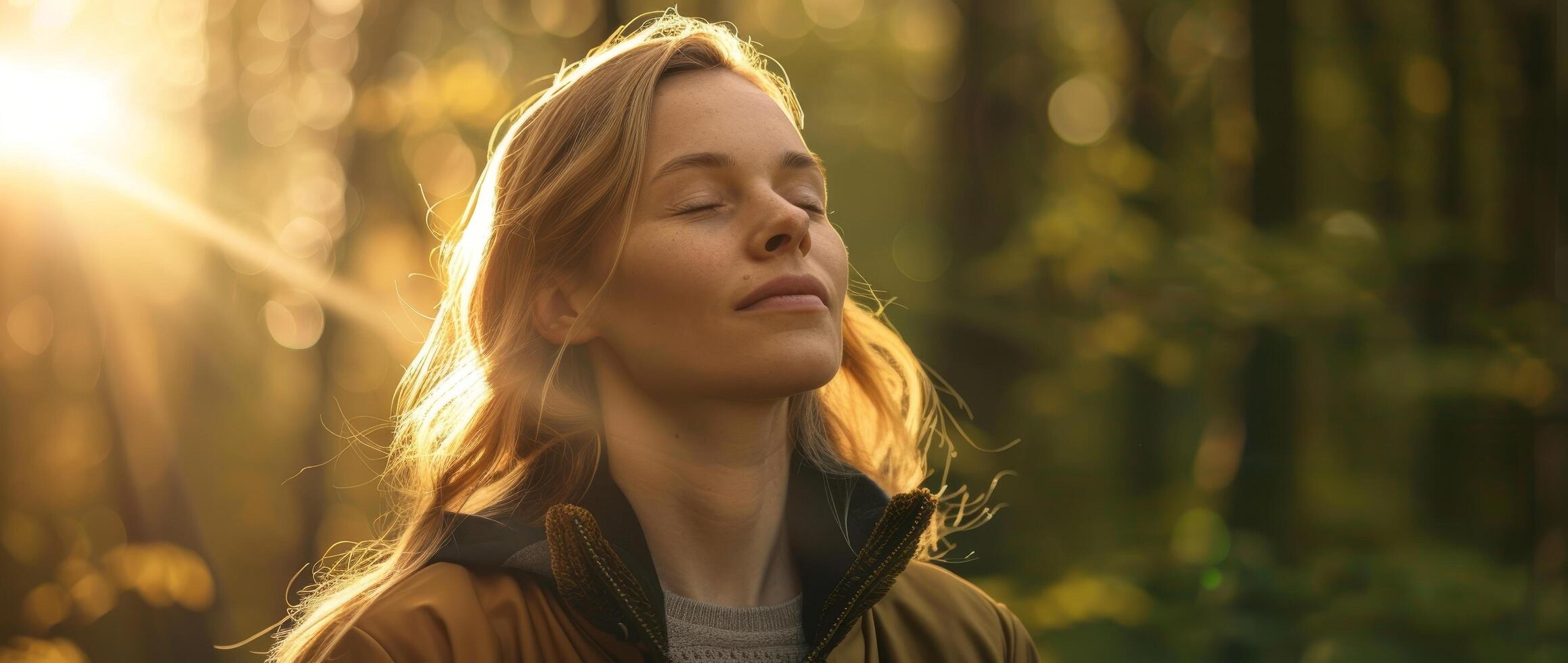 Woman enjoying a peaceful moment in sunlit forest photo