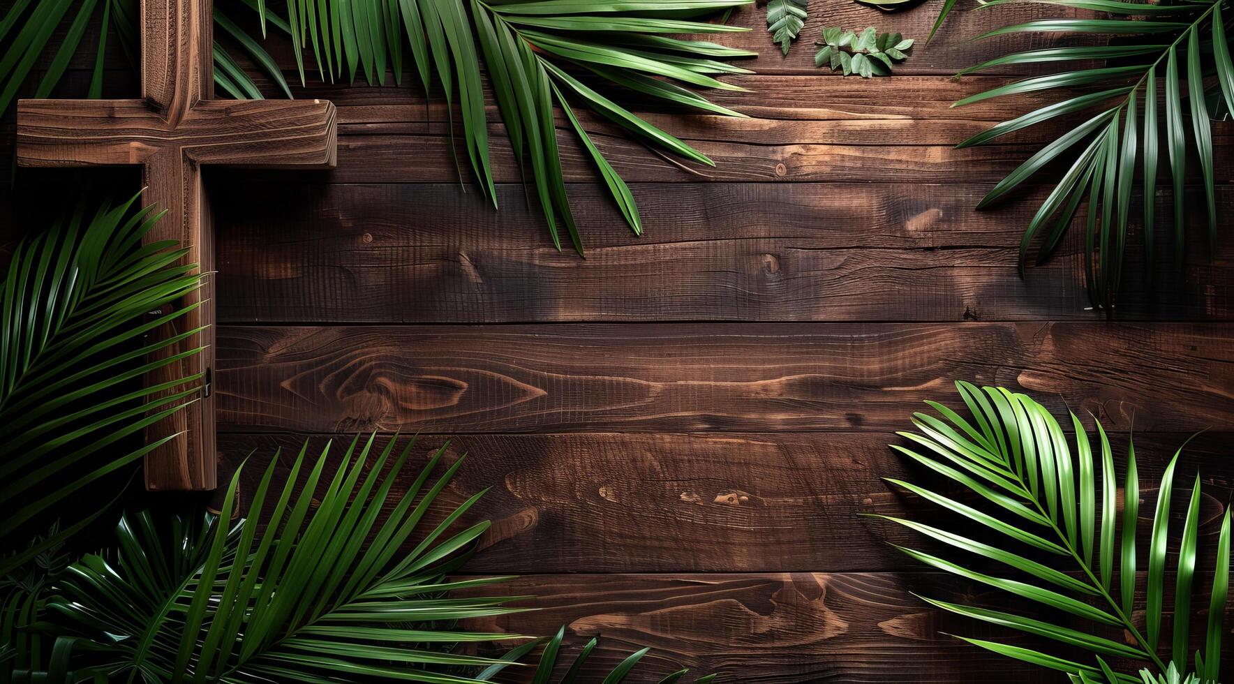 Wooden Cross and Green Palm Leaves on Dark Wooden Background photo