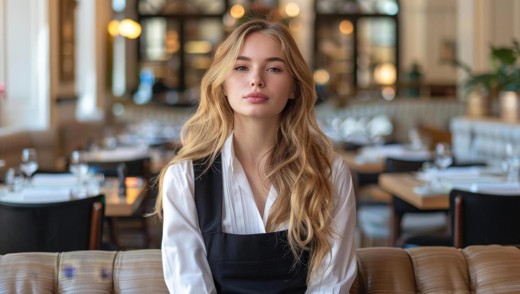 Confident young waitress standing in a restaurant photo