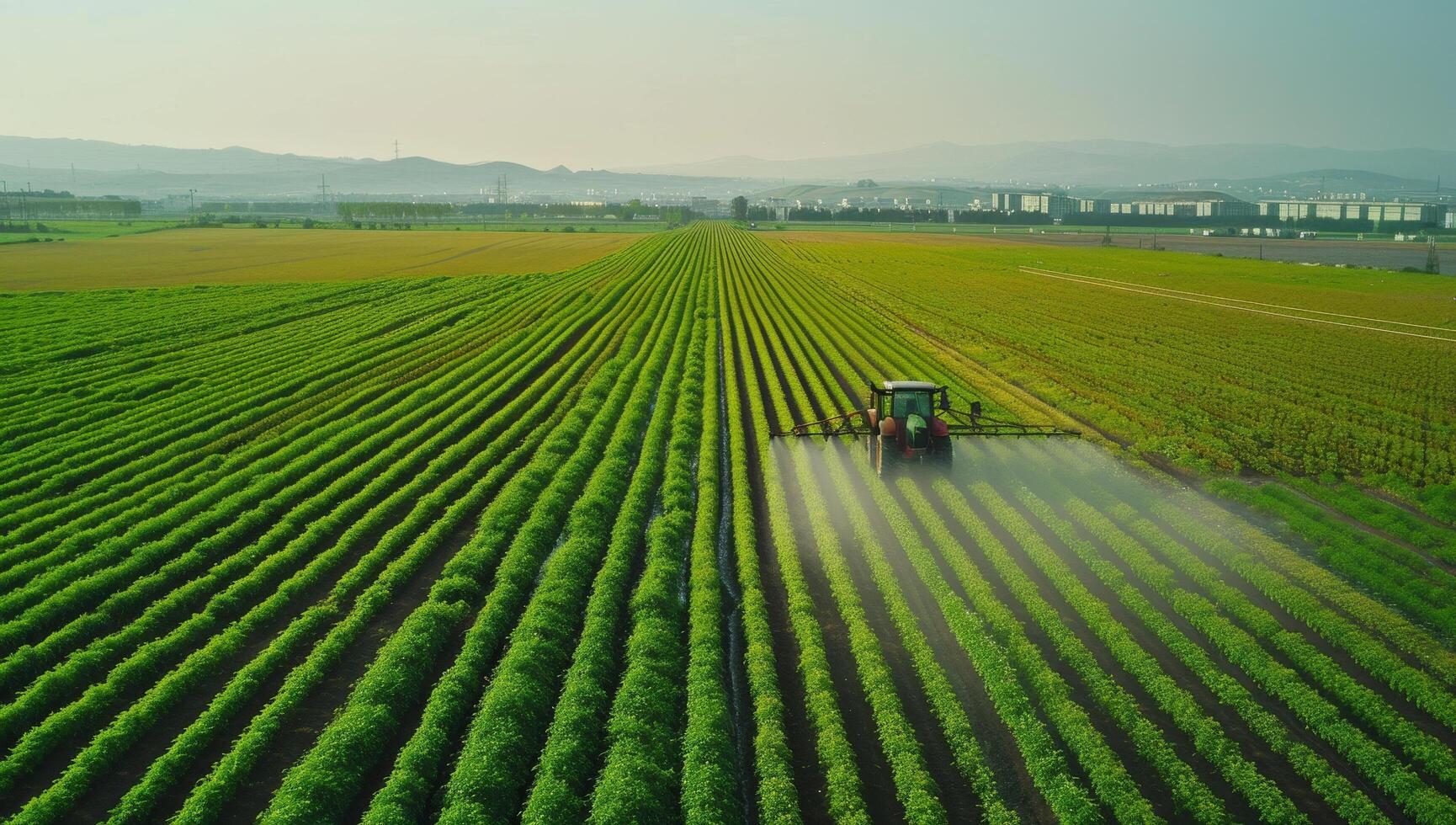 Tractor plowing green fields under a clear sky photo