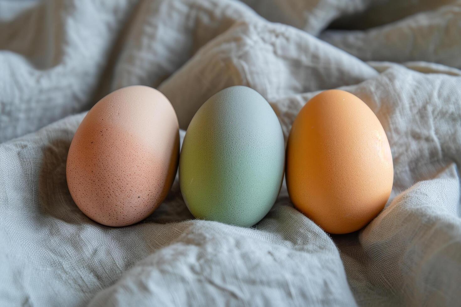 Three colorful eggs on a textured fabric background photo