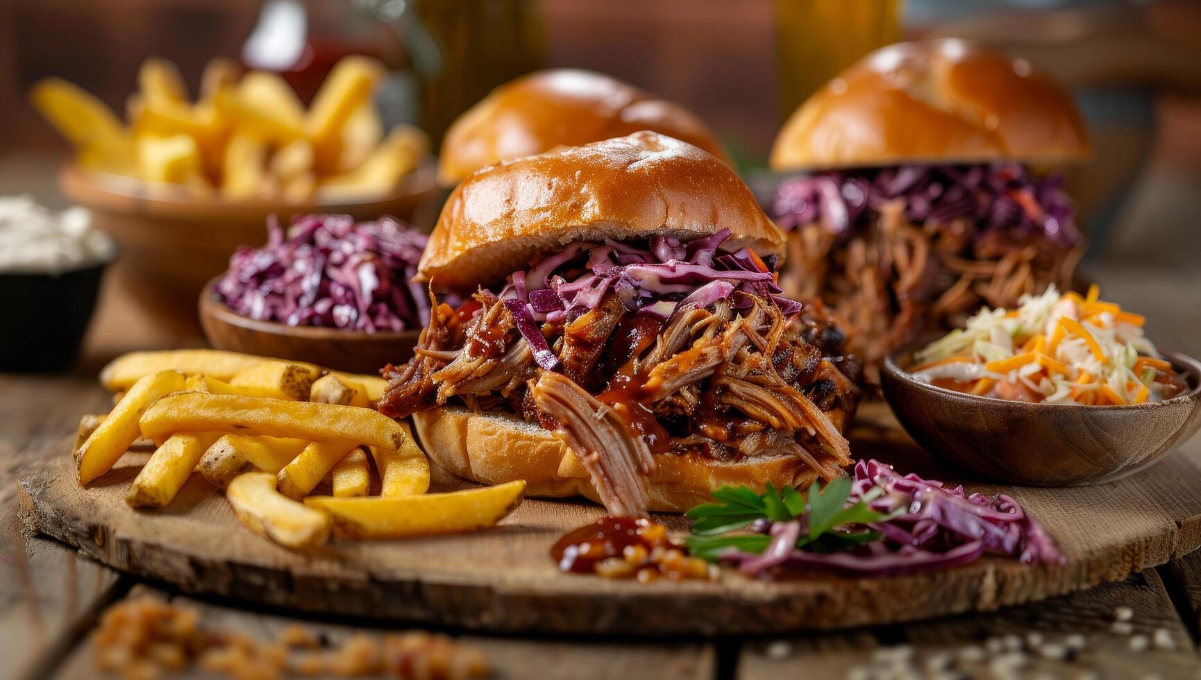 Delicious pulled pork sandwich with coleslaw and fries on a rustic wooden table photo