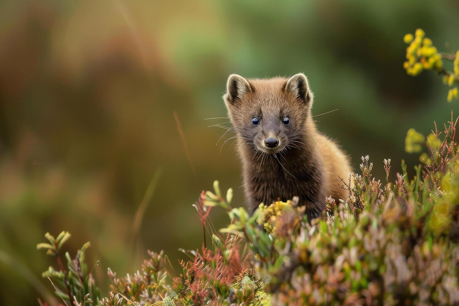 Curious Pine Marten Peeking Through Wild Vegetation photo