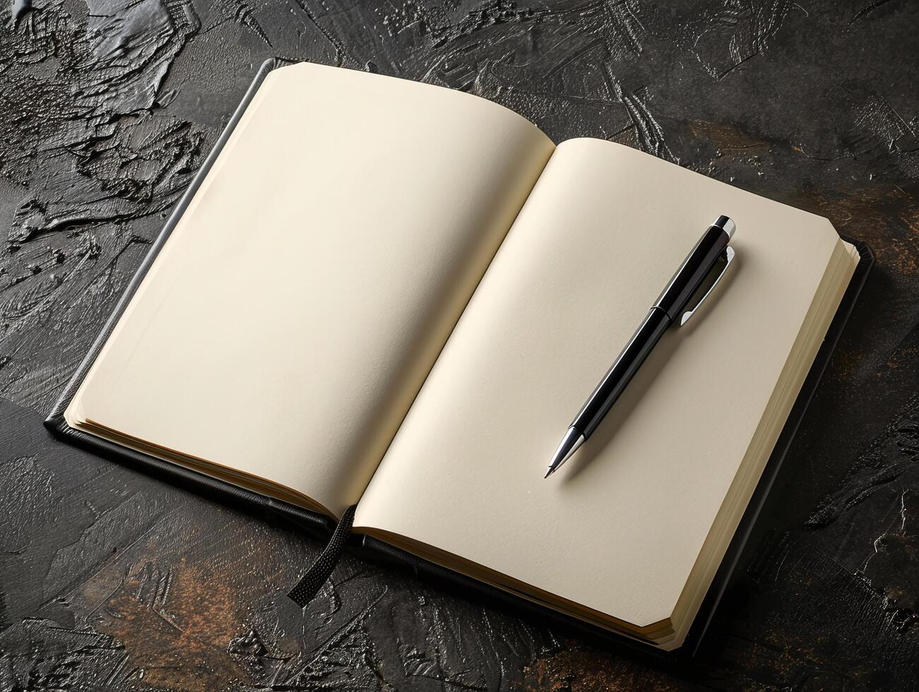 Open blank notebook with pen on a dark textured background photo