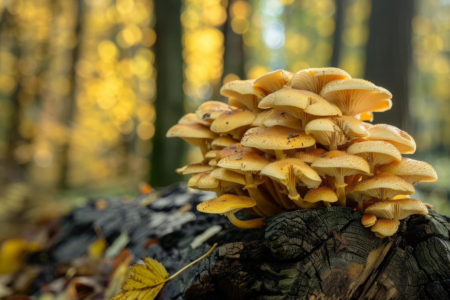 Autumn mushrooms growing on a fallen tree in a forest photo