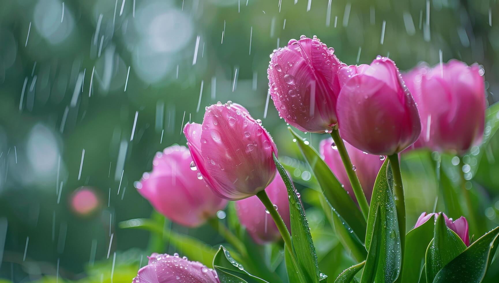 Raindrops on Pink Tulips in Spring Garden photo