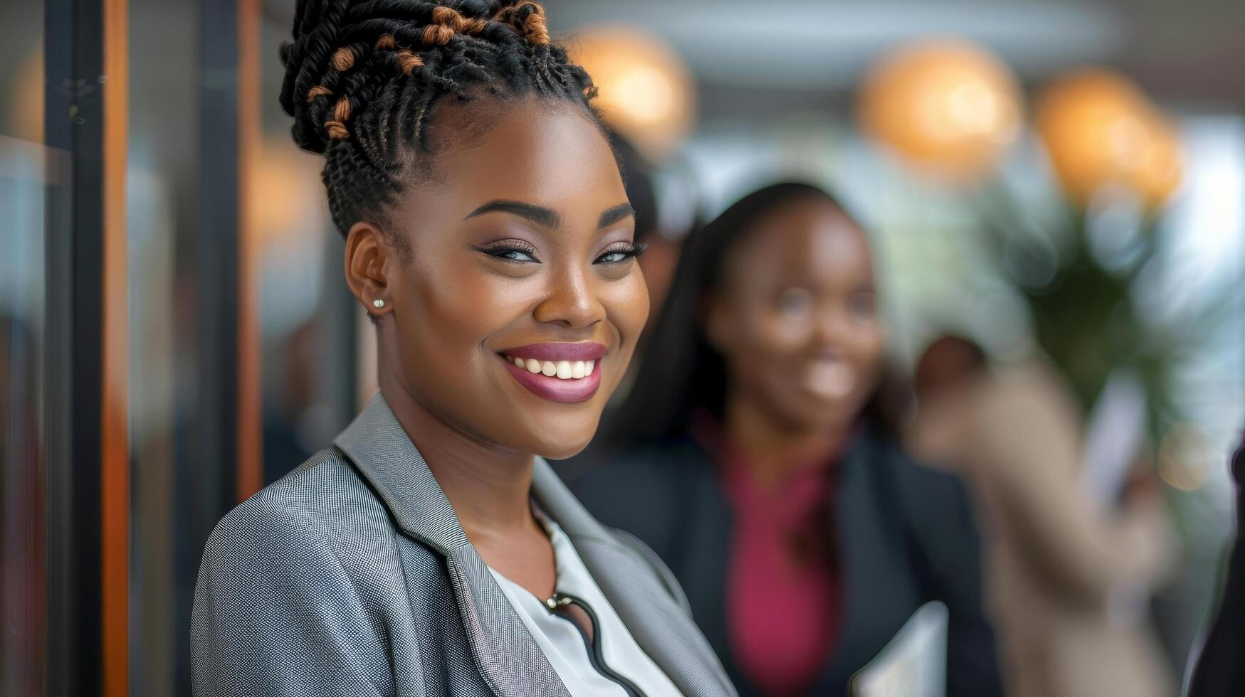 Confident professional woman smiling in office environment photo
