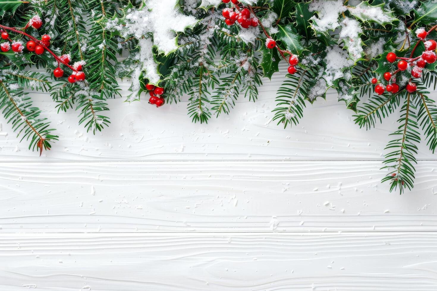 Winter Holiday Background with Snowy Fir Branches and Red Berries photo