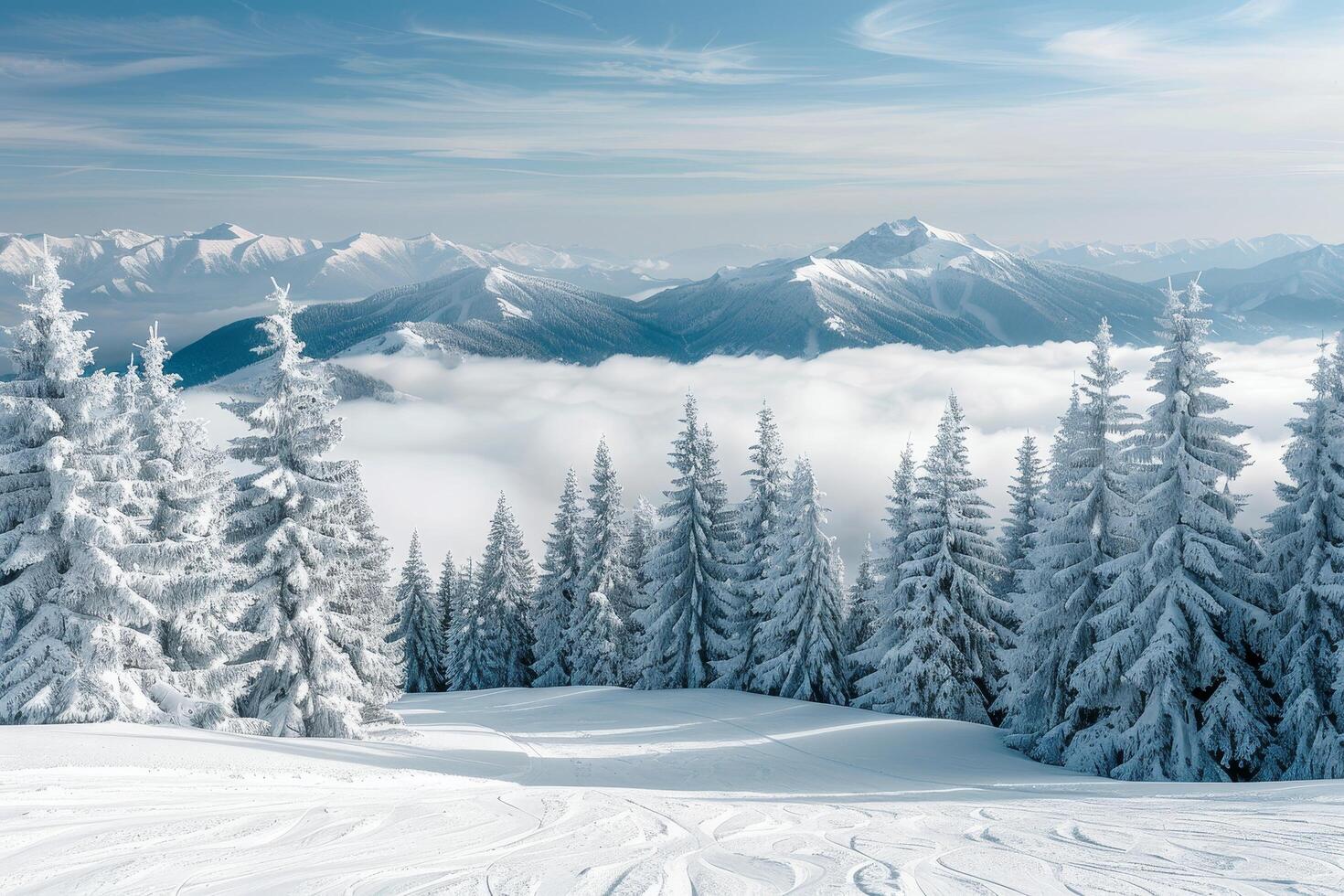 Winter Wonderland Snow Covered Pine Trees and Mountain Peaks photo