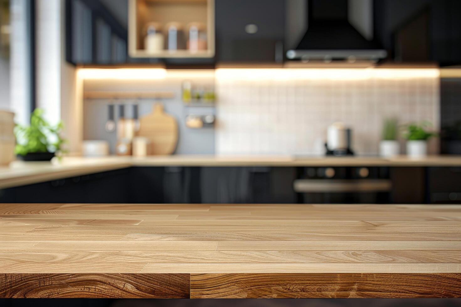 Modern kitchen interior with wooden countertop photo