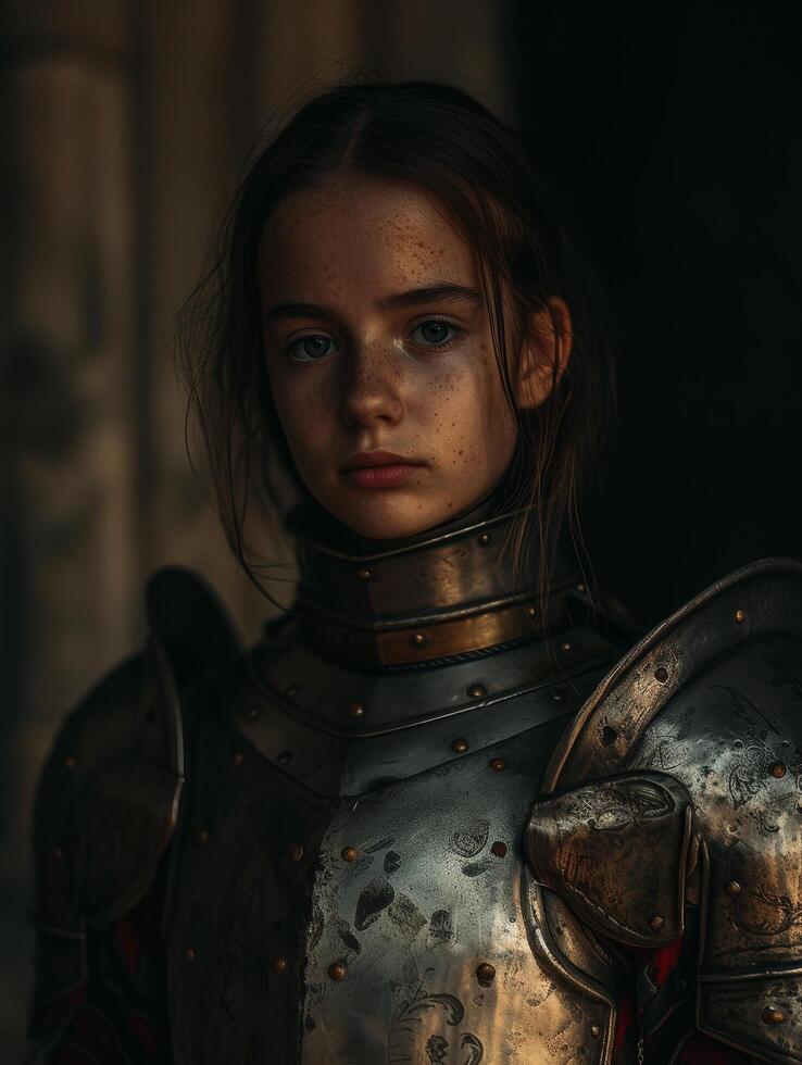Young female knight in medieval armor looking determined photo