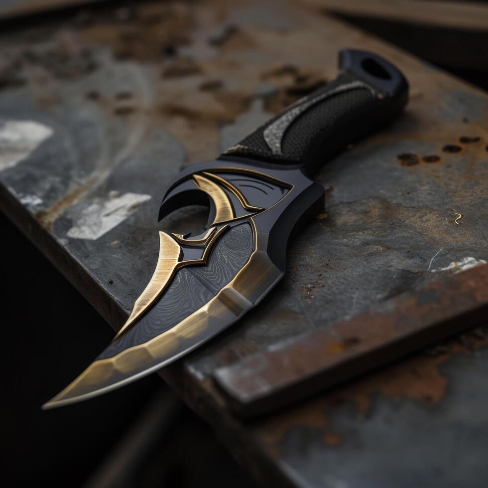 Close up of a Tactical Knife on a Rusty Metal Surface photo