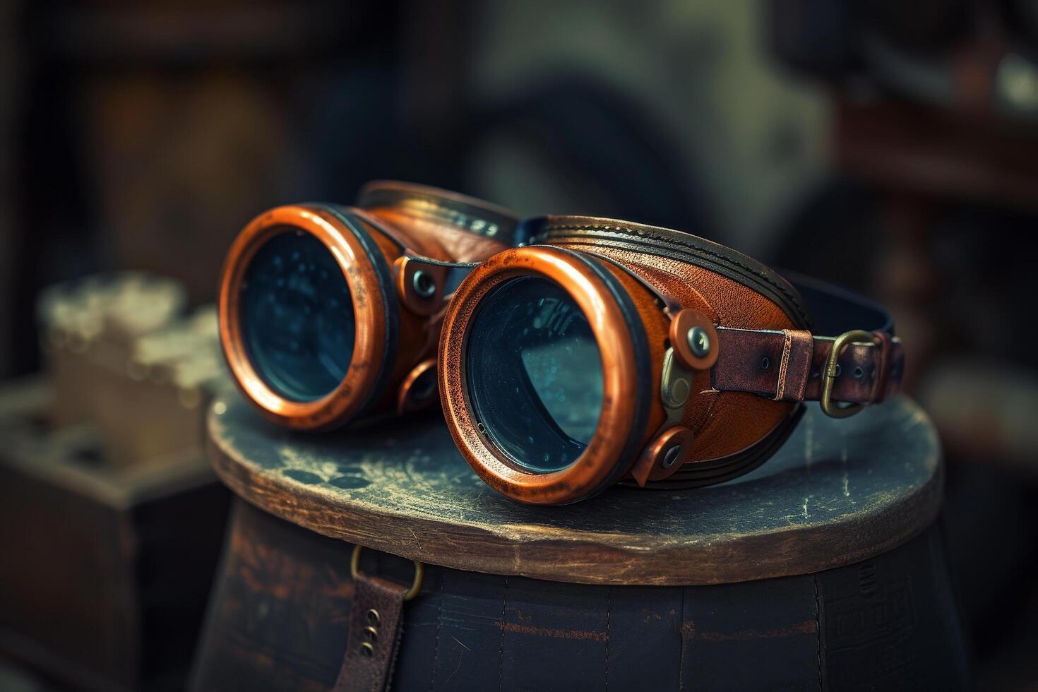 Vintage steampunk goggles on a rustic wooden surface photo