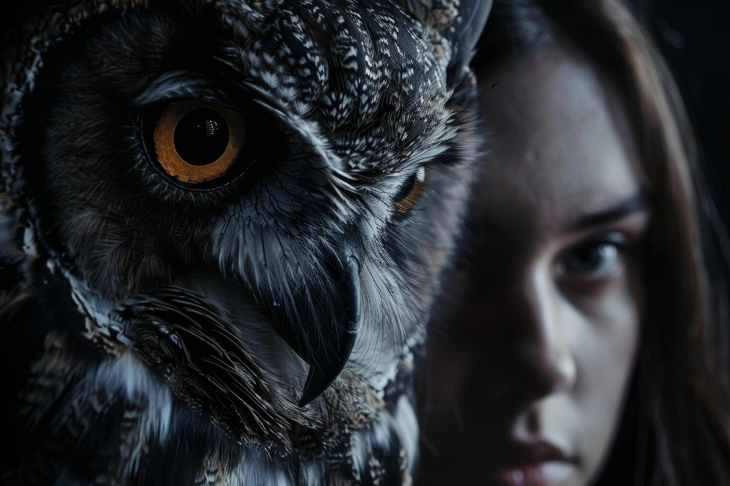Mysterious portrait of a woman and an owl in dim light photo