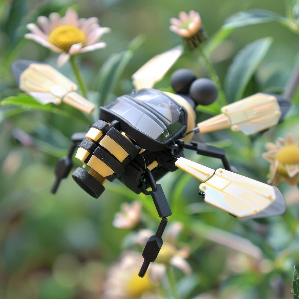 Robotic bee pollinating a flower in a garden photo