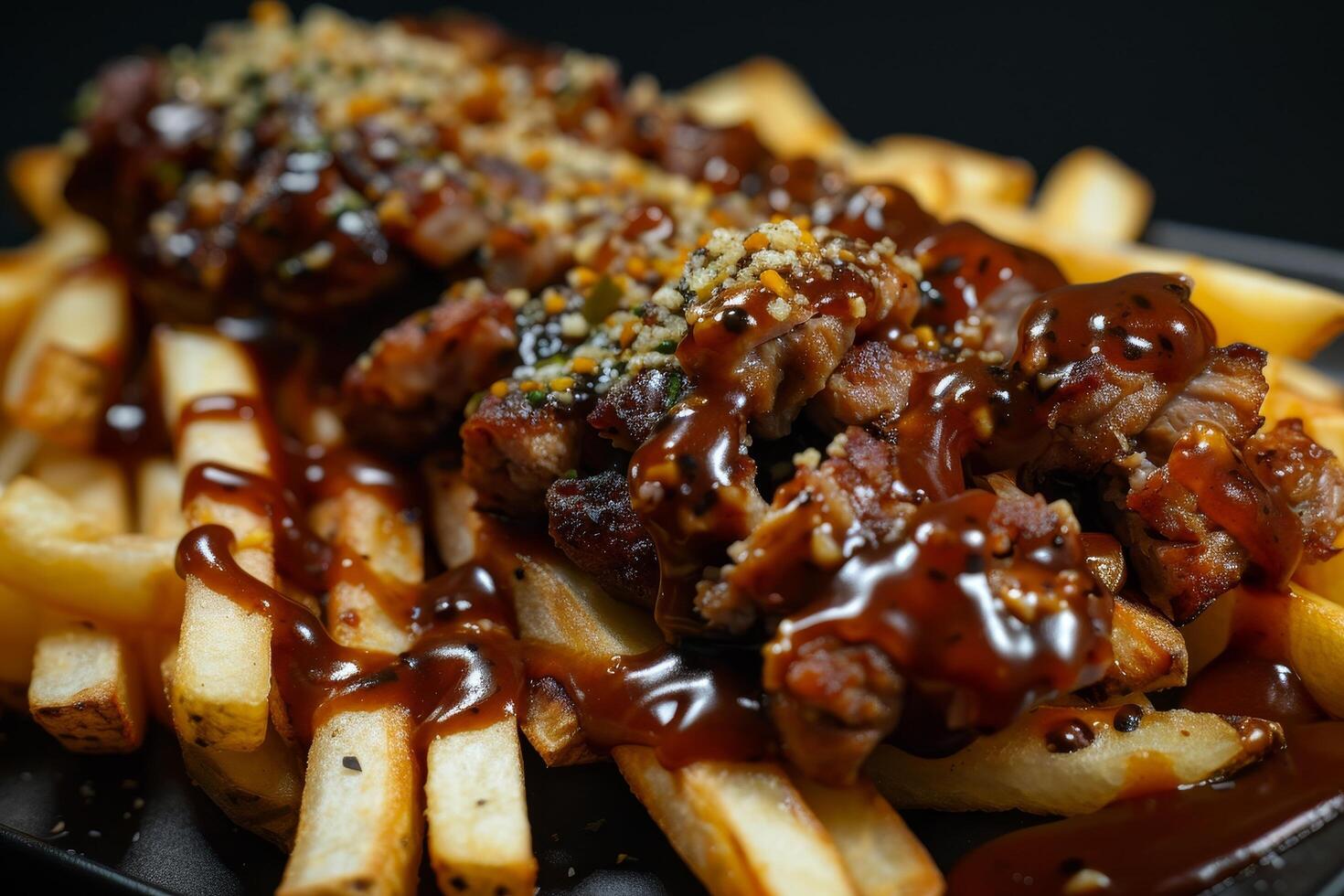 Delicious loaded fries with pulled pork and barbecue sauce photo