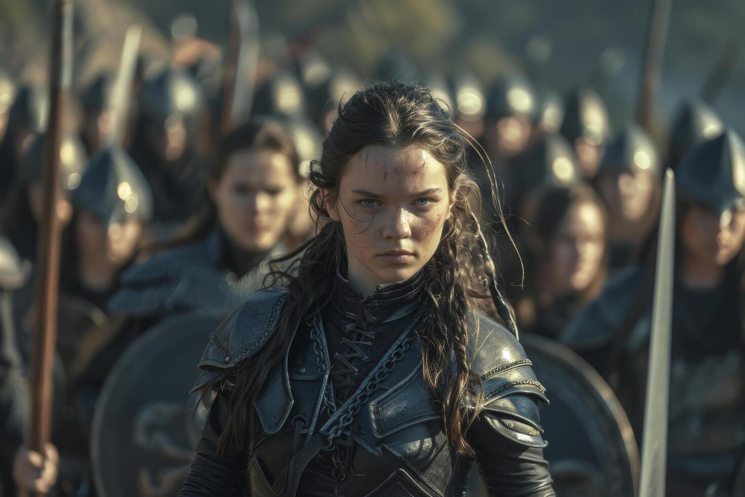 Determined warrior woman leading an army into battle photo