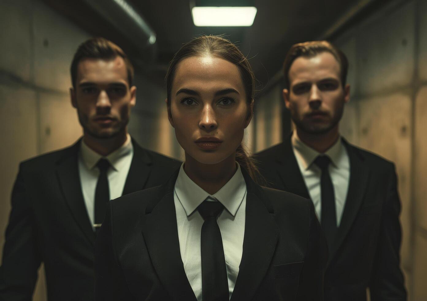 Professional team of corporate security agents in a hallway photo