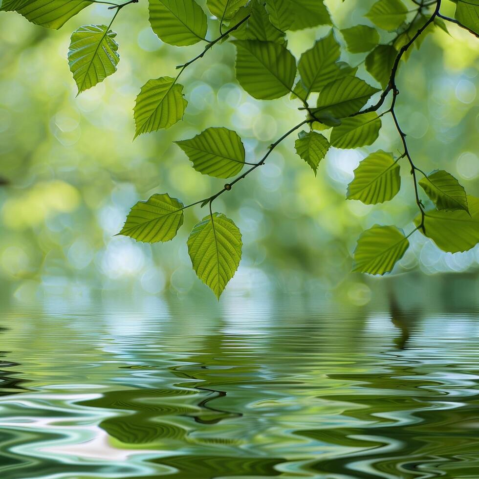 Tranquil Nature Scene with Green Leaves and Reflective Water photo