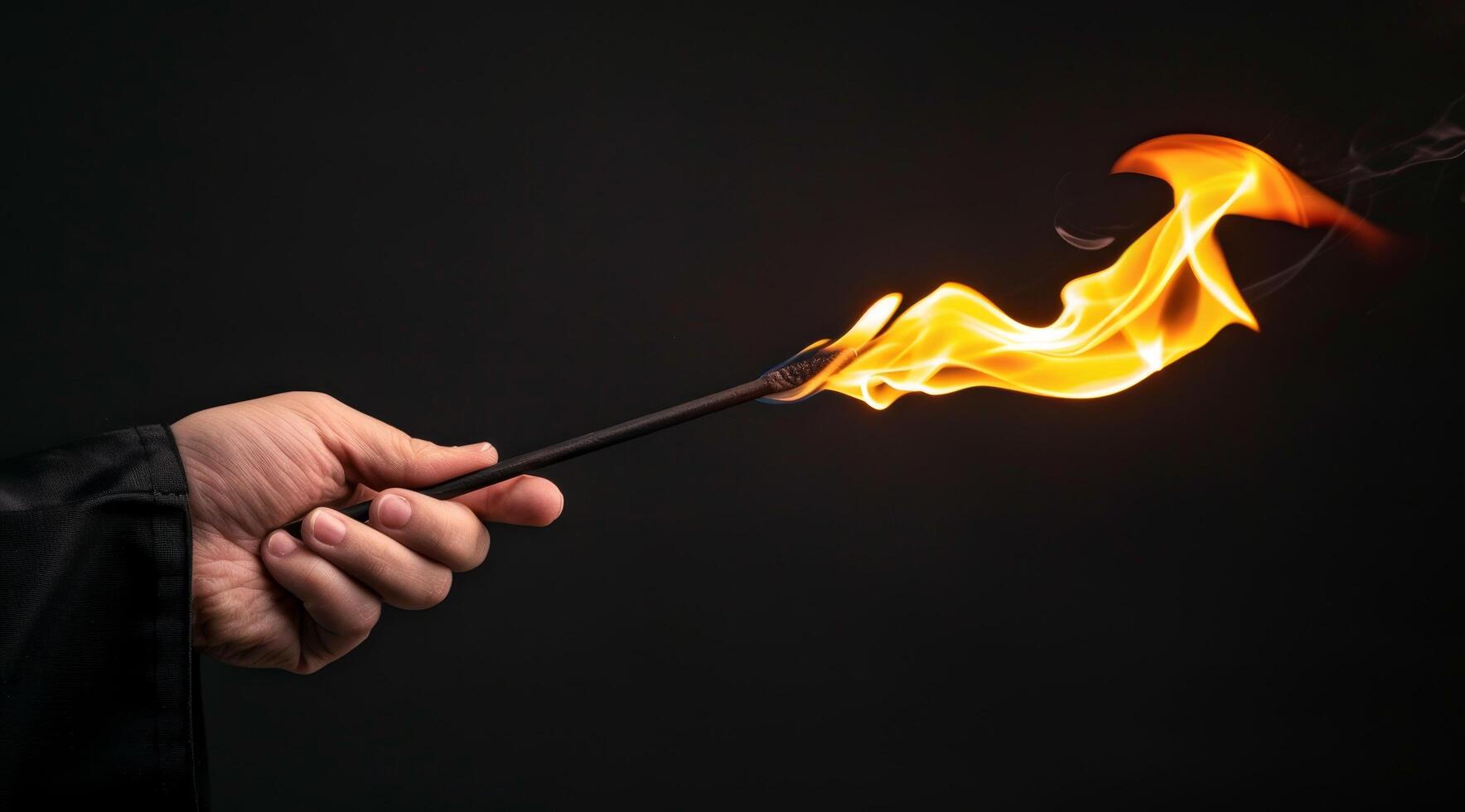 Hand holding a flaming wand against a dark background photo