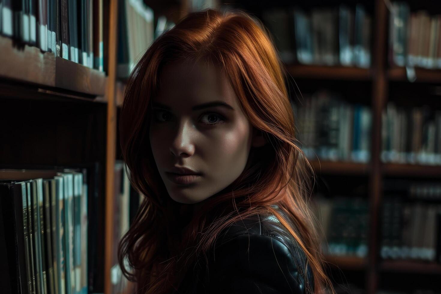 Young woman browsing through books in a dimly lit library photo