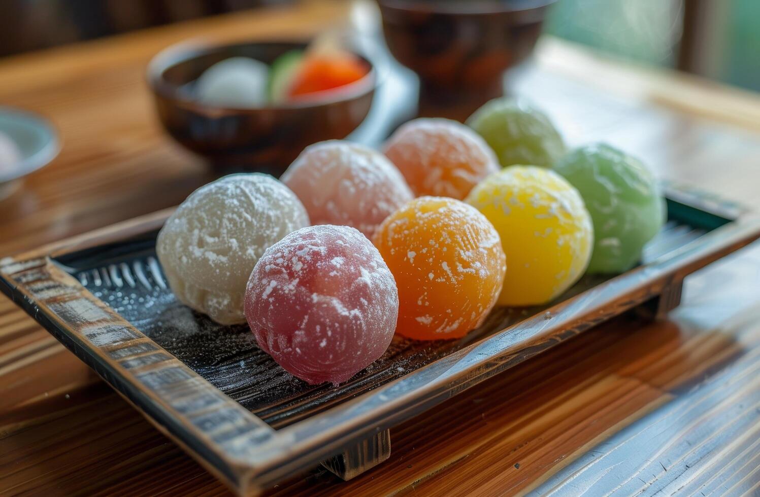 Colorful assortment of mochi ice cream on a wooden tray photo