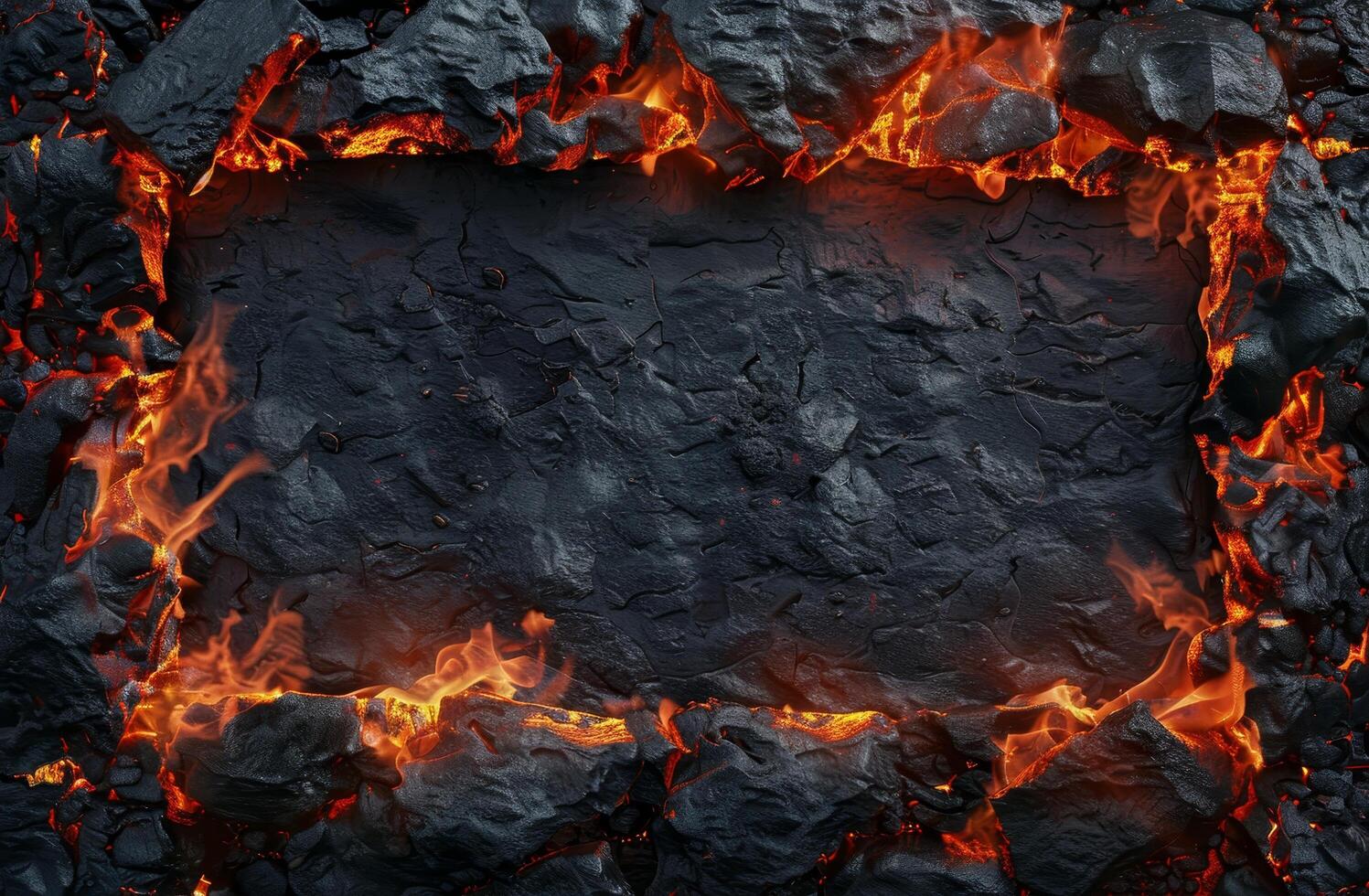 Fiery lava flowing through cracked volcanic rocks photo