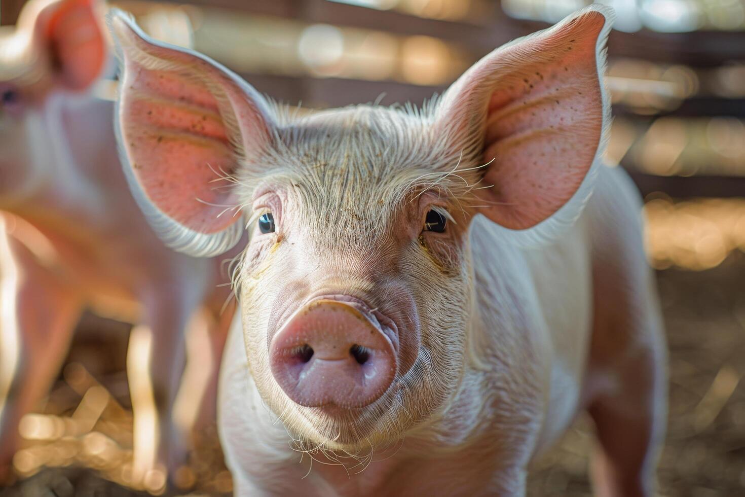 Close up of a curious piglet on a farm photo