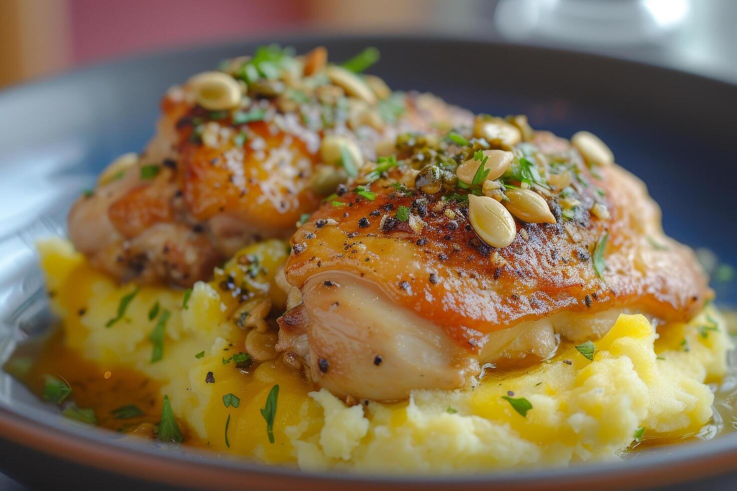 Delicious grilled chicken thighs served on creamy mashed potatoes photo