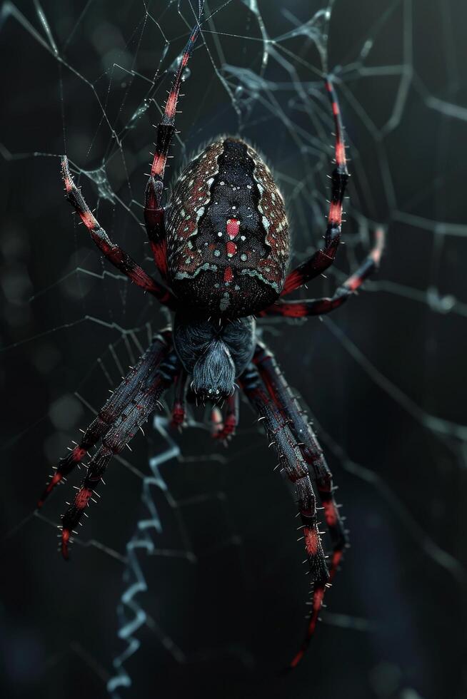 Close up of a spider on its web in a dark background photo