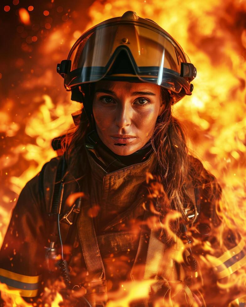 Brave firefighter facing intense flames photo