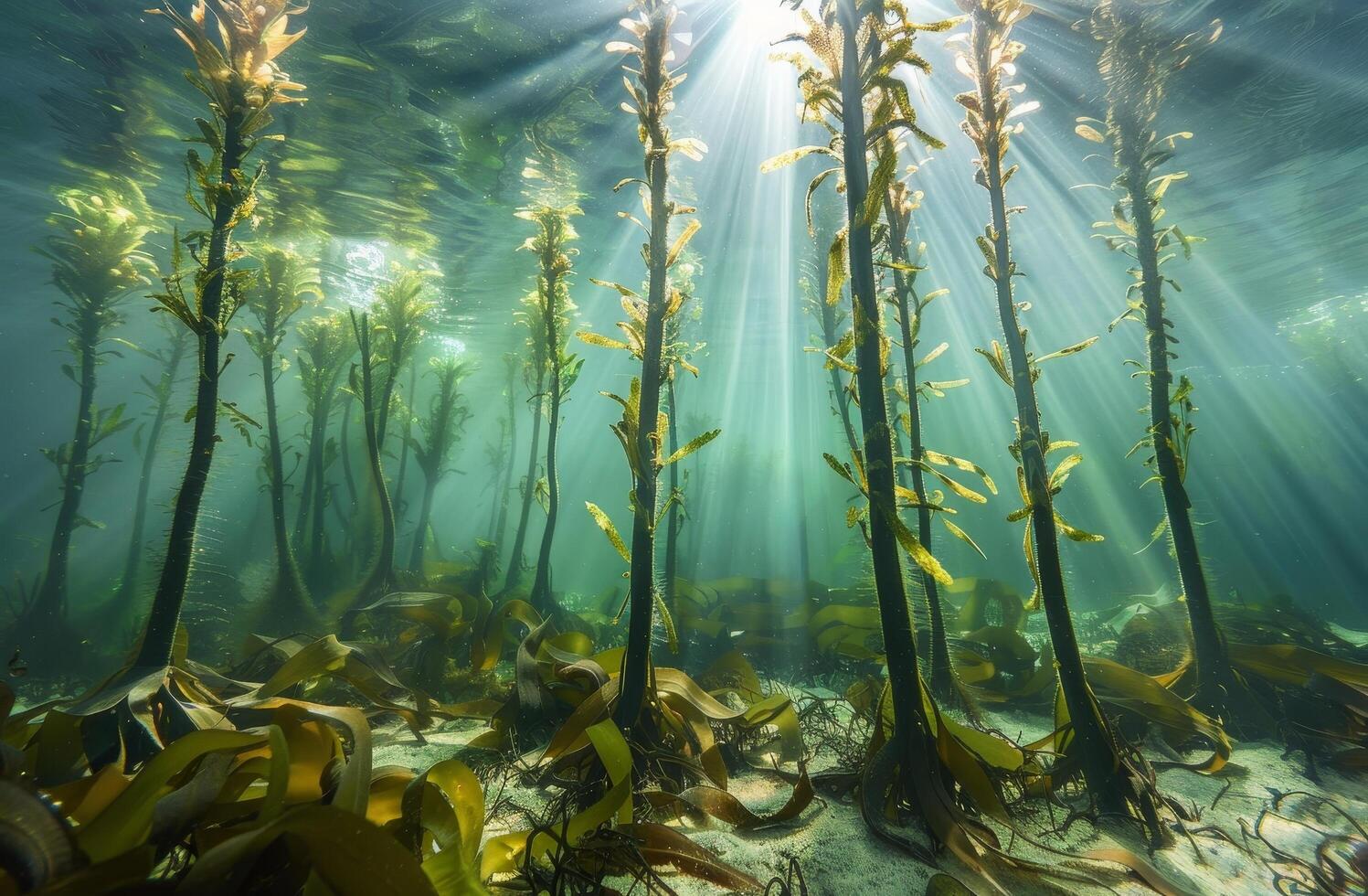 Sunlight filtering through a serene underwater kelp forest photo