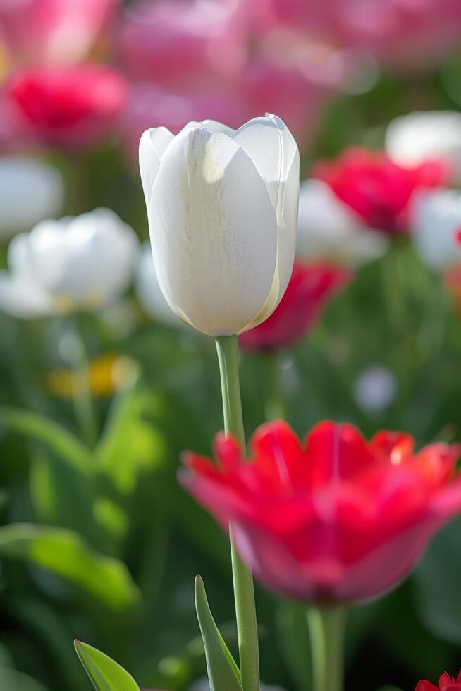 Single white tulip standing out in a colorful tulip field photo