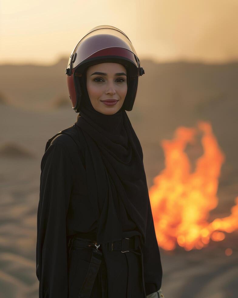 Confident woman in hijab and helmet with a desert fire in the background photo