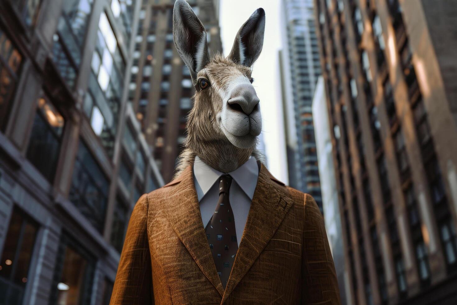 Surreal portrait of a kangaroo in a suit in an urban setting photo