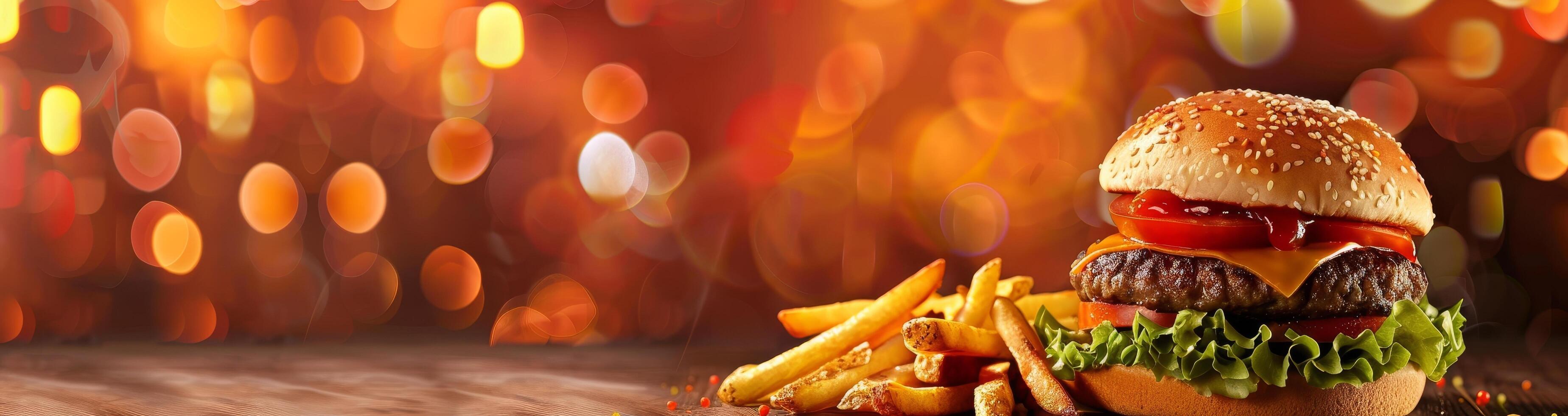Delicious burger and fries on a wooden table with a warm bokeh background photo