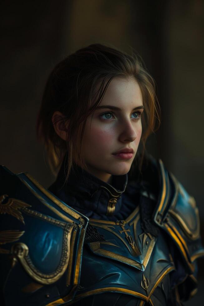 Young female warrior in ornate armor looking determined photo