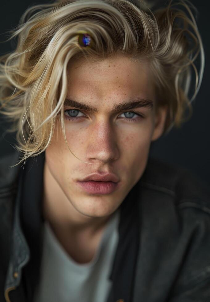 Portrait of a young man with tousled blonde hair and intense gaze photo