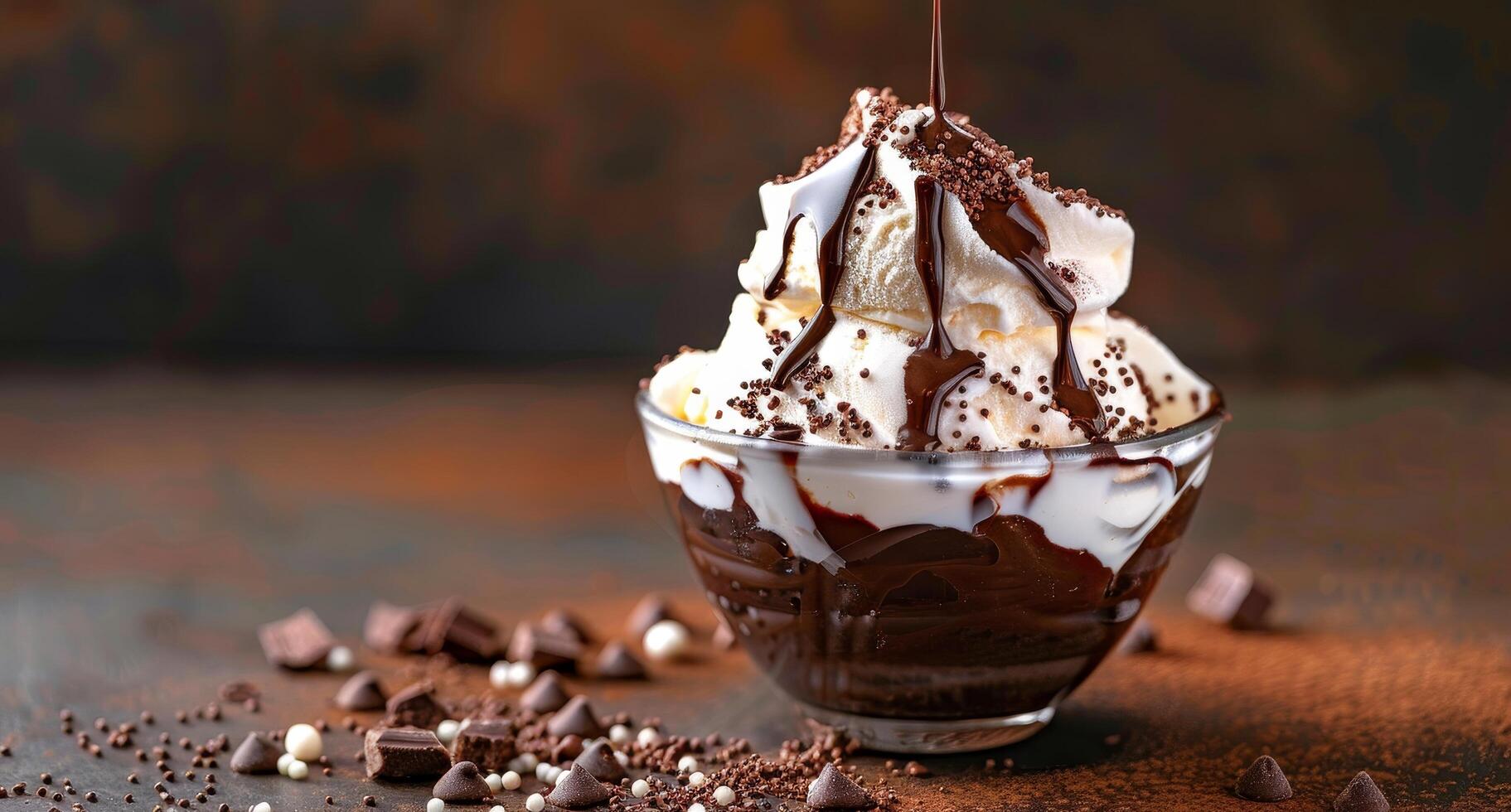 Delicious Sundae Topped with Chocolate Sauce and Shavings photo