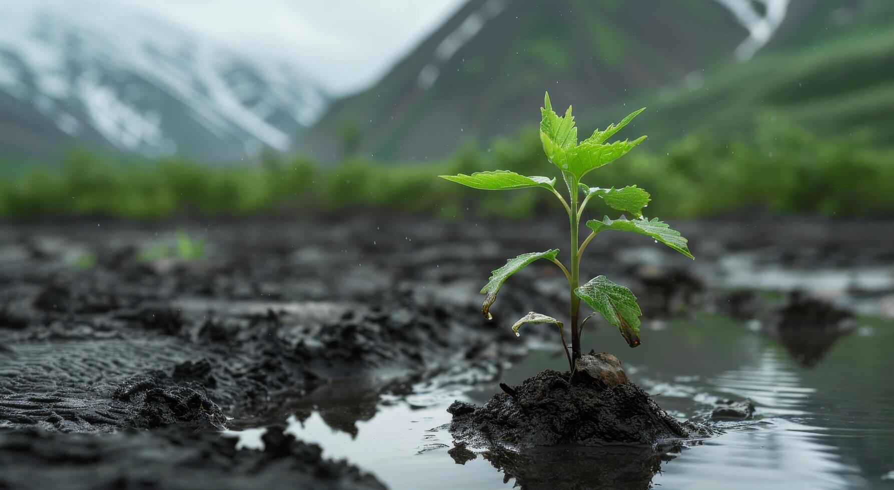 Young plant sprouting in muddy terrain with mountain backdrop photo